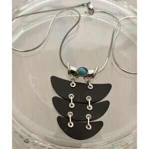 Vintage SAJEN Sterling Articulated Wood/Turquoise Cabochon PENDANT w/925 Chain